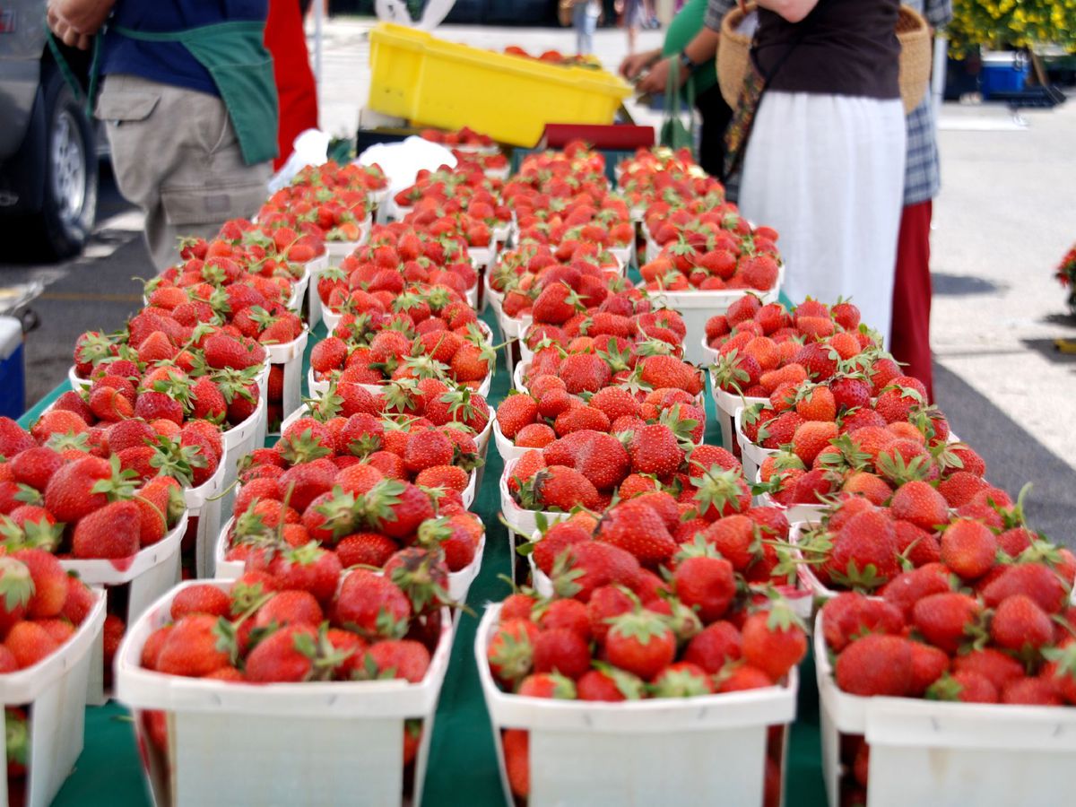 Rows of baskets of strawberries sit out at a stand at the Lincoln Square Farmers Market in Chicago.