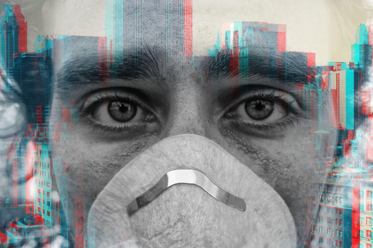 A person wears a mask and looks anxious in this illustrated photo. 