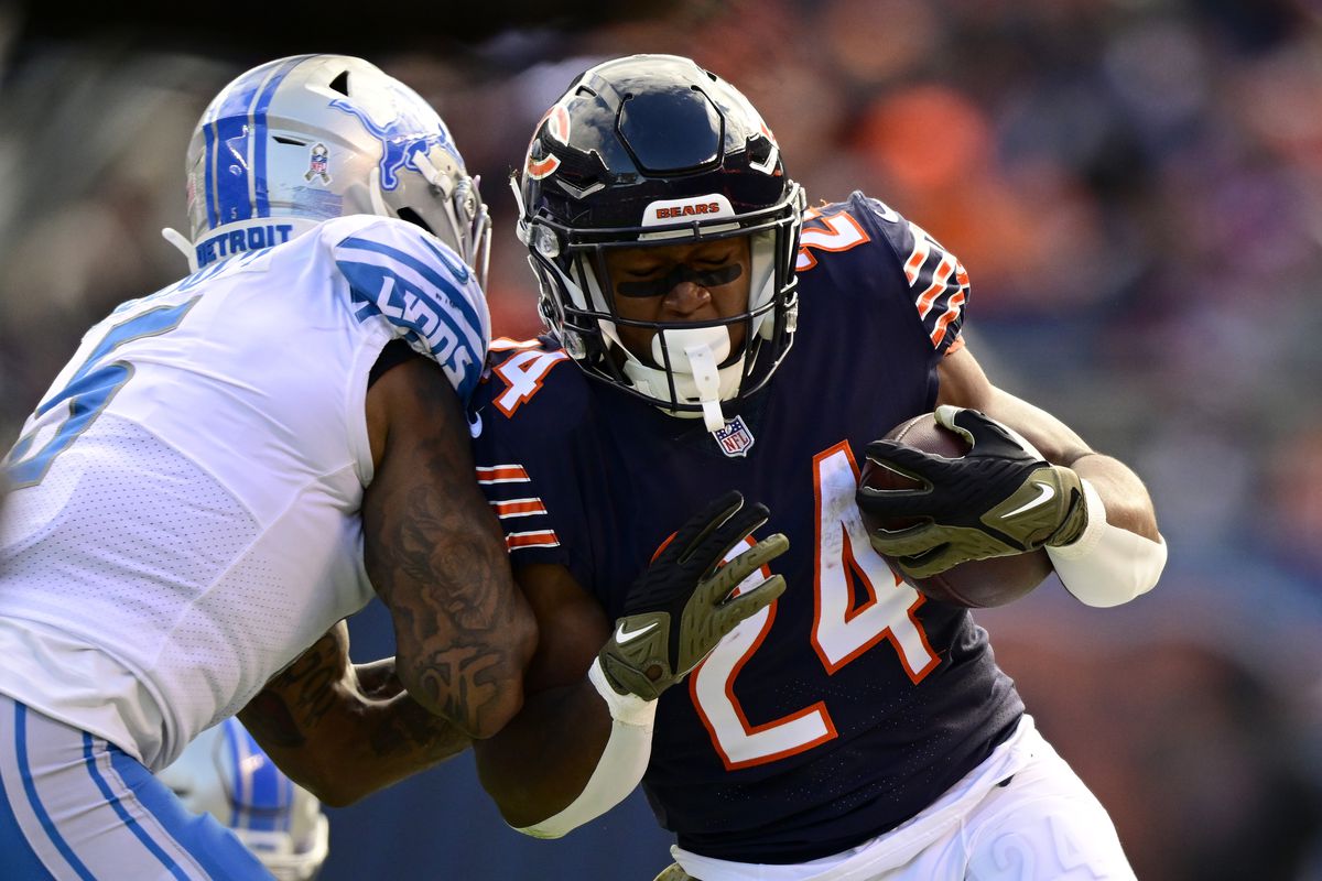 DeShon Elliott of the Detroit Lions pushes Khalil Herbert of the Chicago Bears out of bounds during the first half at Soldier Field on November 13, 2022 in Chicago, Illinois.