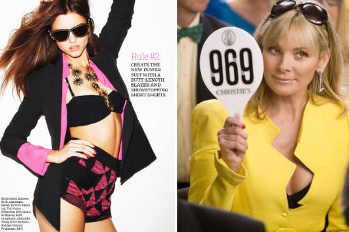 Two ways to power suit. Cosmo image via <a href="http://fashiongonerogue.com/anett-griffel-francisco-garcia-cosmopolitan-february-2012/">Fashion Gone Rogue</a>, Samantha Jones image via HBO