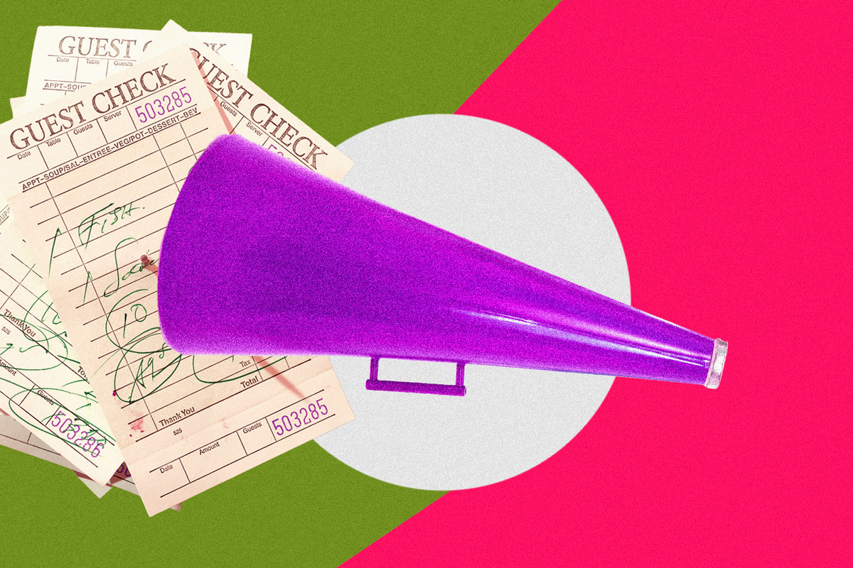 A collage of a megaphone and restaurant checks.
