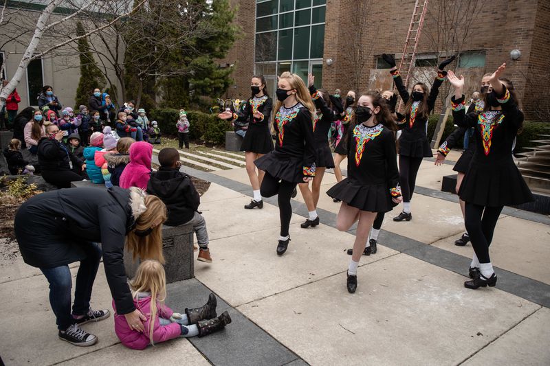 Trinity Irish Dancers perform outside Swedish Covenant Hospital on St. Patrick’s Day to show appreciation for health care workers.