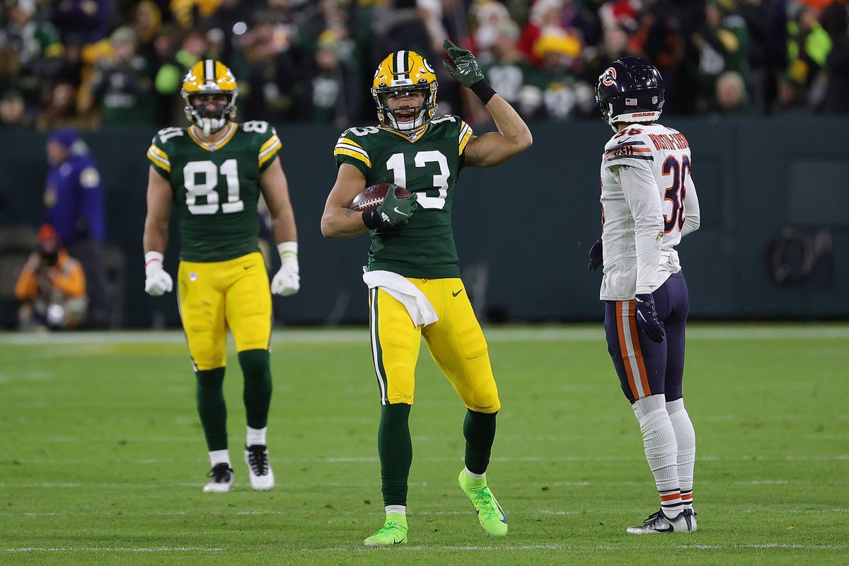 Allen Lazard #13 of the Green Bay Packers reacts to a first down during a game against the Chicago Bears at Lambeau Field on December 12, 2021 in Green Bay, Wisconsin. The Packers defeated the Bears 45-30.