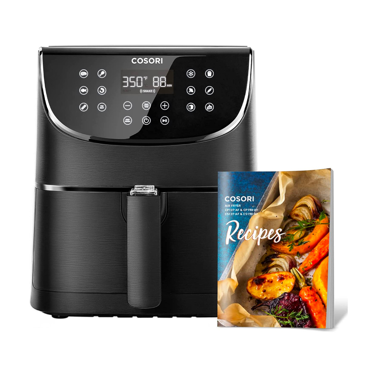 COSORI black extra-large air fryer with recipe book