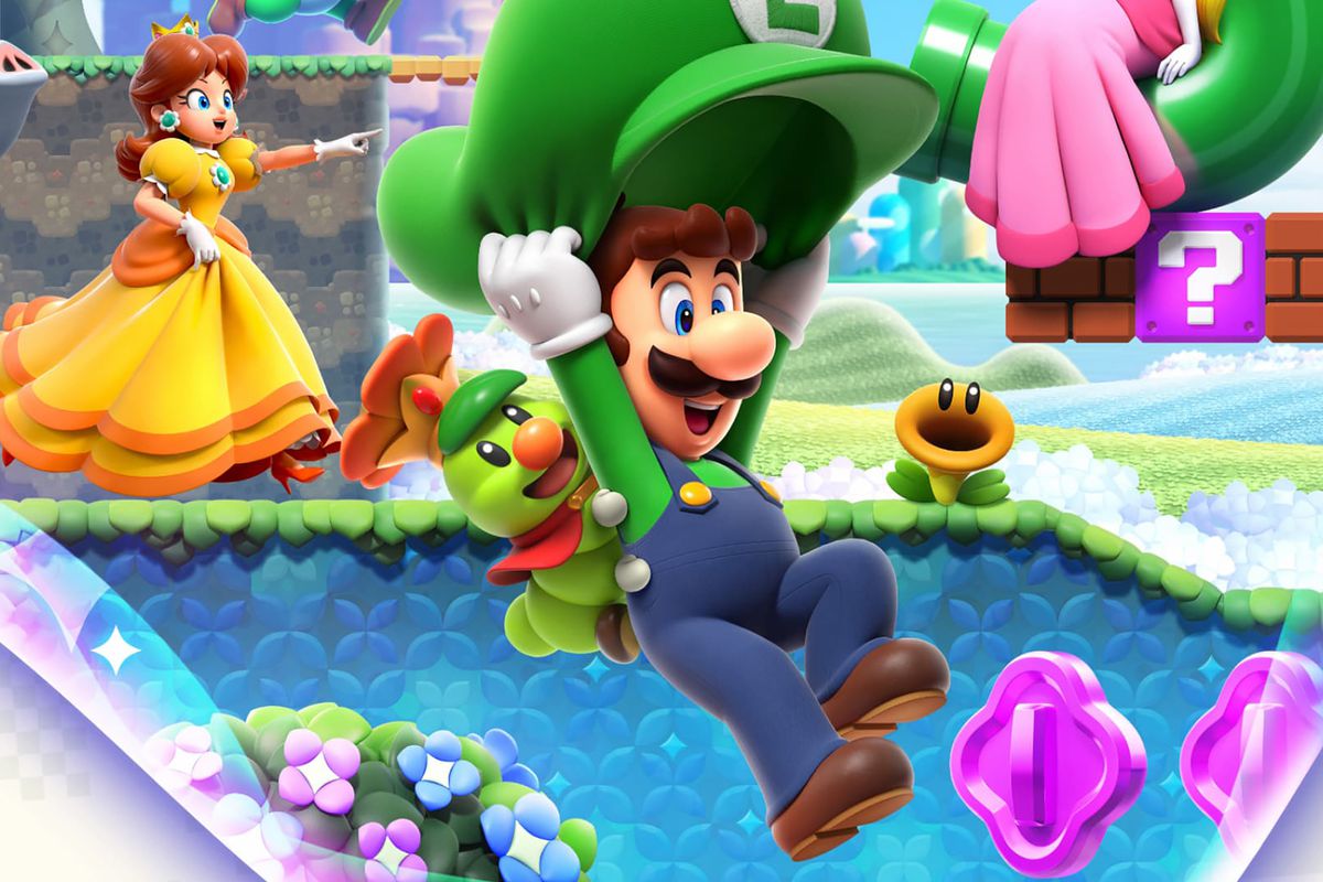 Luigi, floating while holding a giant green Luigi hat, has a smiling caterpillar-like creature on his back in artwork from Super Mario Bros. Wonder