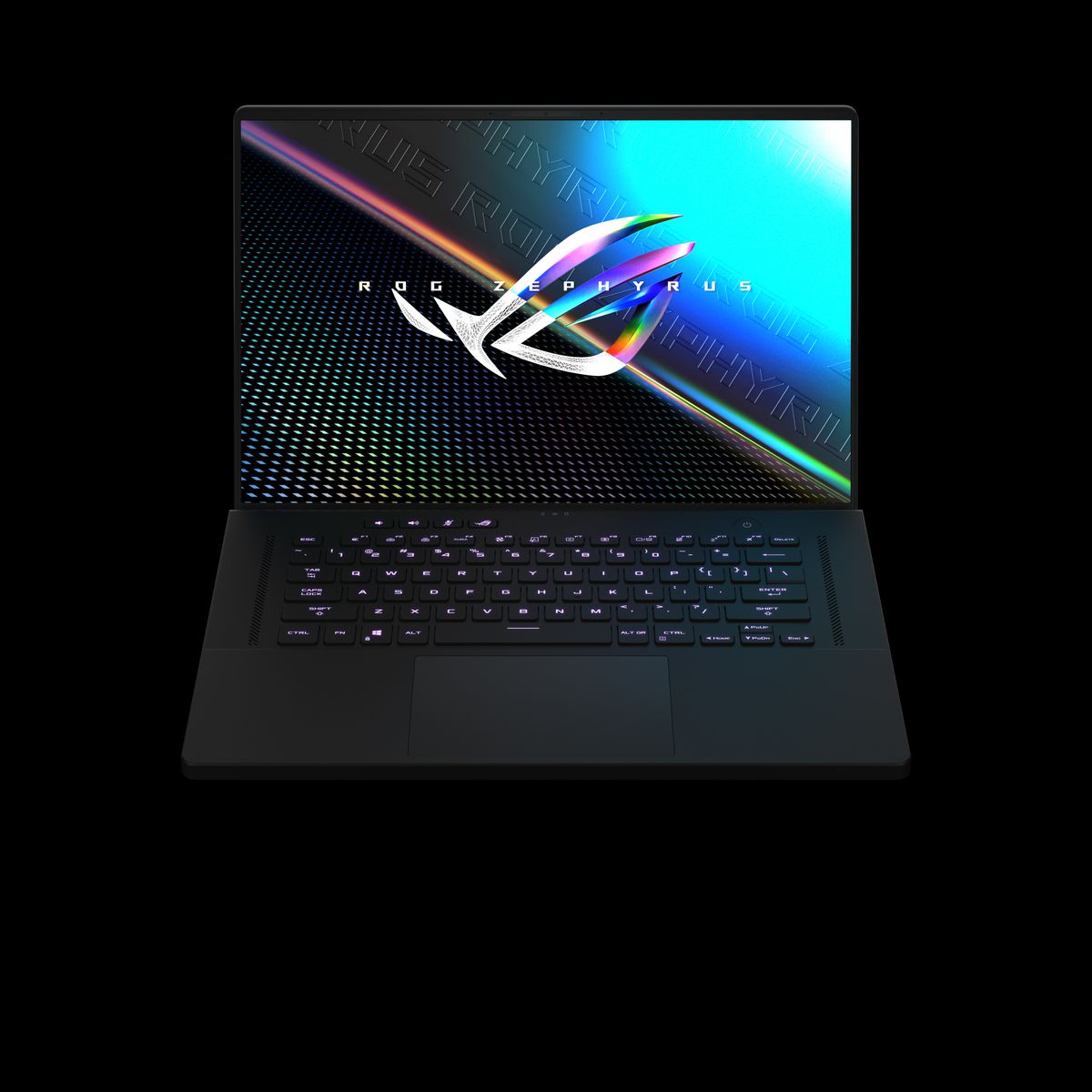 The Asus ROG Zephyrus M16 open, seen from above. The screen displays the ROG logo.