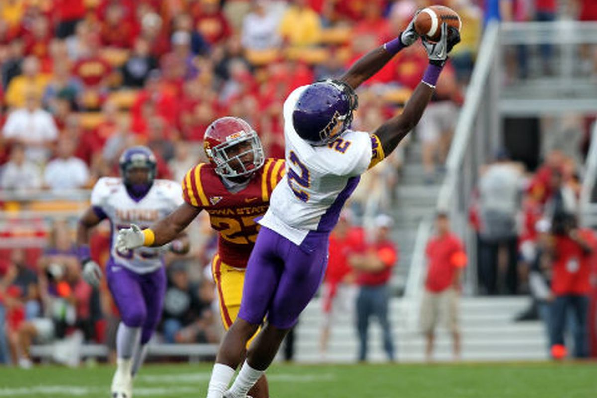Northern Iowa's Terrell Sinkfield hauls in a catch against Iowa State during a 2011 game