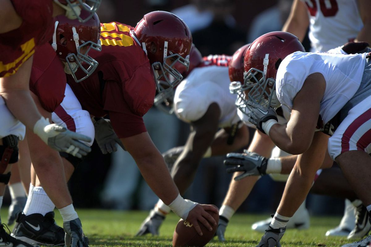 Apr 5, 2012; Los Angeles, CA, USA; General view of the line of scrimmage as Southern California Trojans center Khaled Holmes (78) snaps the ball during a spring practice at Howard Jones Field. Mandatory Credit: Kirby Lee/Image of Sport-US PRESSWIRE
