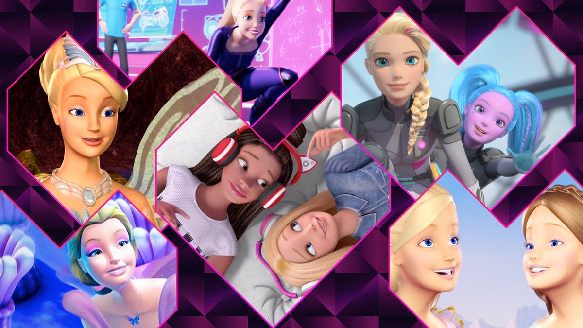 A collage of animated Barbie movies in hearts.