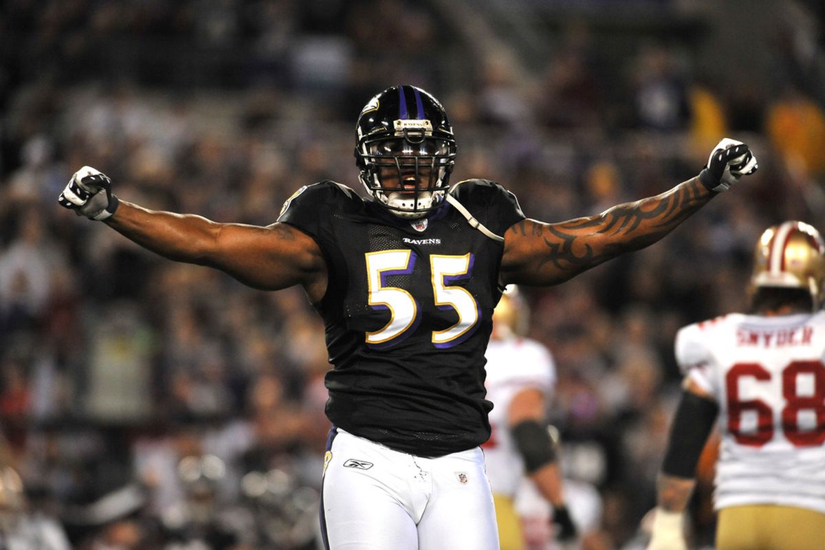 BALTIMORE - NOVEMBER 24:  Terrell Suggs #55 of the Baltimore Ravens celebrates a play against the San Francisco 49ers at M&T Bank Stadium on November 24. 2011 in Baltimore, Maryland.  (Photo by Larry French/Getty Images)