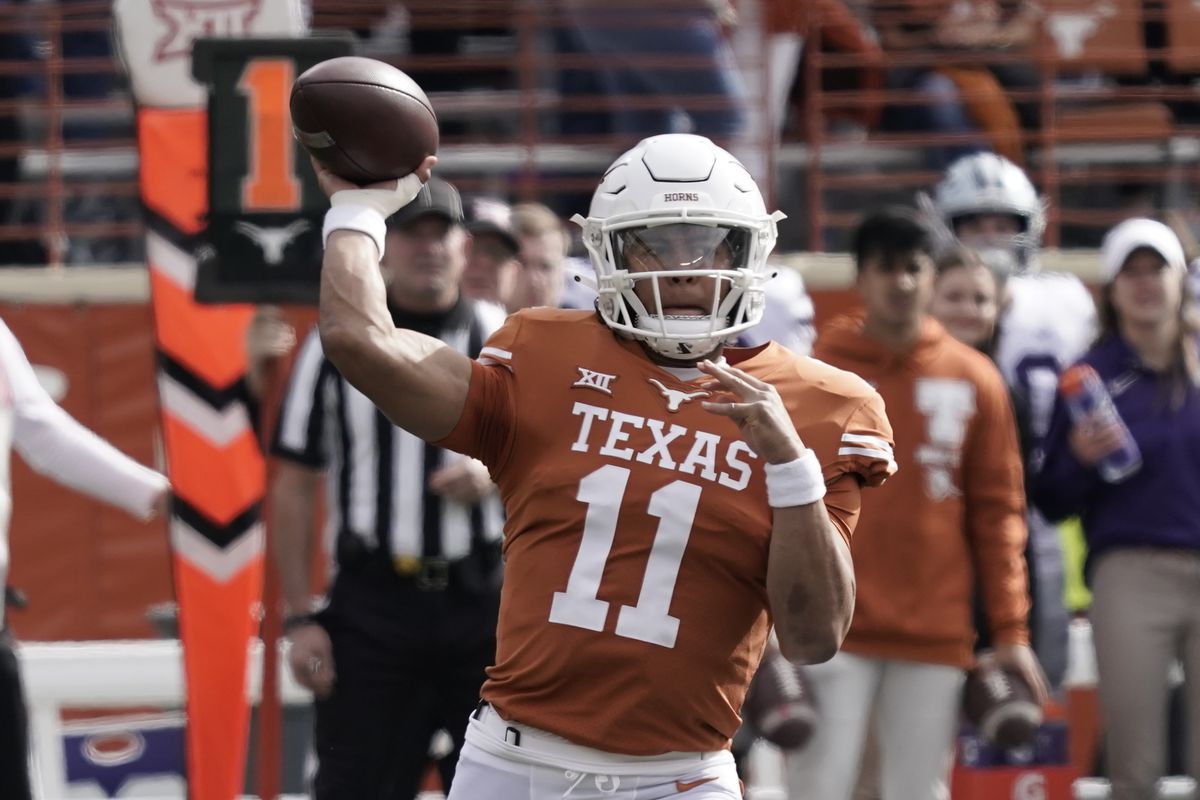 Texas Longhorns quarterback Casey Thompson throws a pass during the first half against the Kansas State Wildcats at Darrell K Royal-Texas Memorial Stadium.