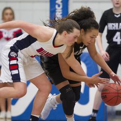 Woods Cross' Allee McKenna and Highland's Misini Fifita go for the ball during Highland's 51-41 victory over Woods Cross in the Class 5A state quarterfinals at Salt Lake Community College in Salt Lake City on Wednesday, Feb. 21, 2018.