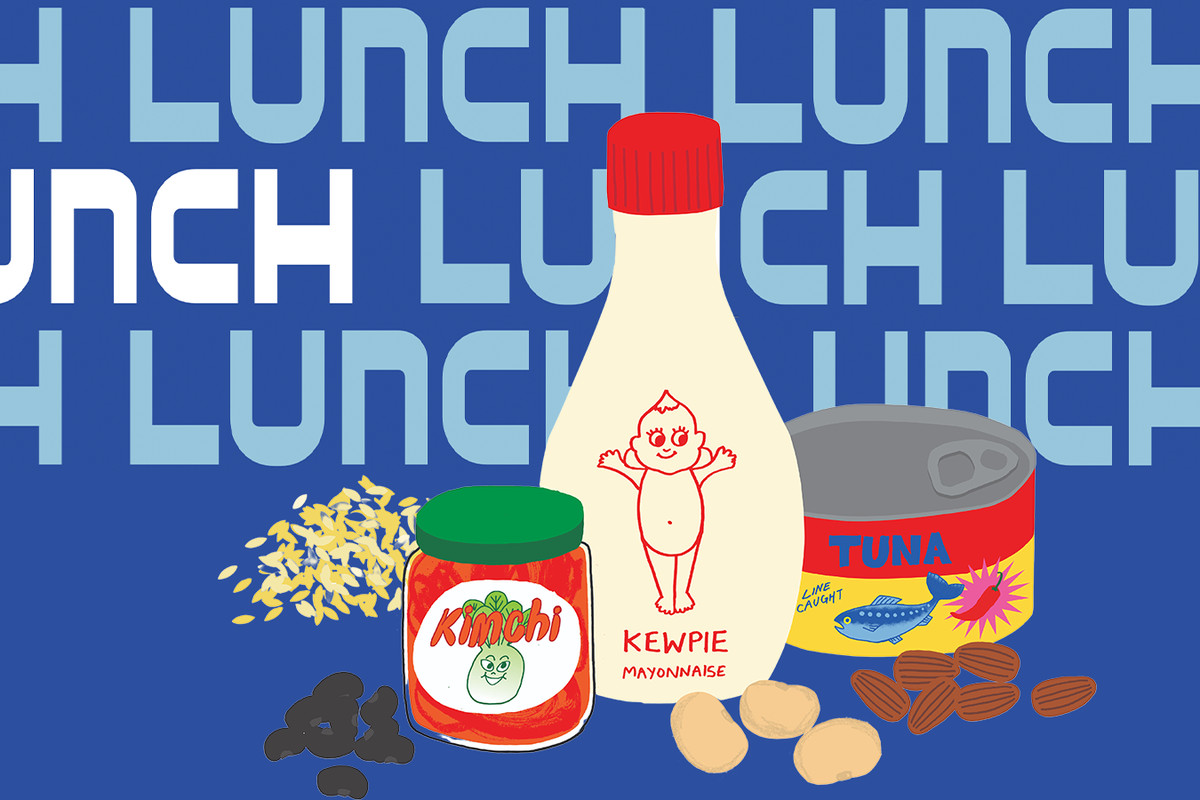 An illustration featuring a jar of kimchi, a bottle of Kewpie mayo, a tin of tuna, against a backdrop of the word “lunch.”