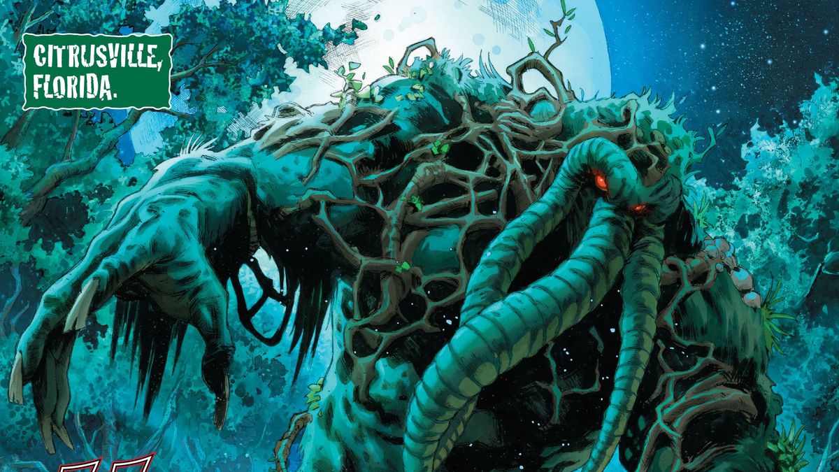 The cursed swamp creature Man-Thing rises from the waters of Citrusville, Florida in Avengers: Curse of the Man-Thing #1, Marvel Comics (2021). 