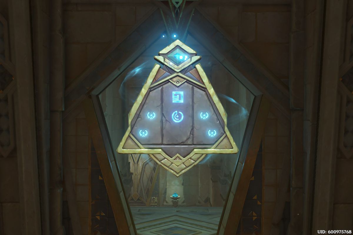 The Genshin Impact Scarlet Sand Slate, with several glowing blue runes on it