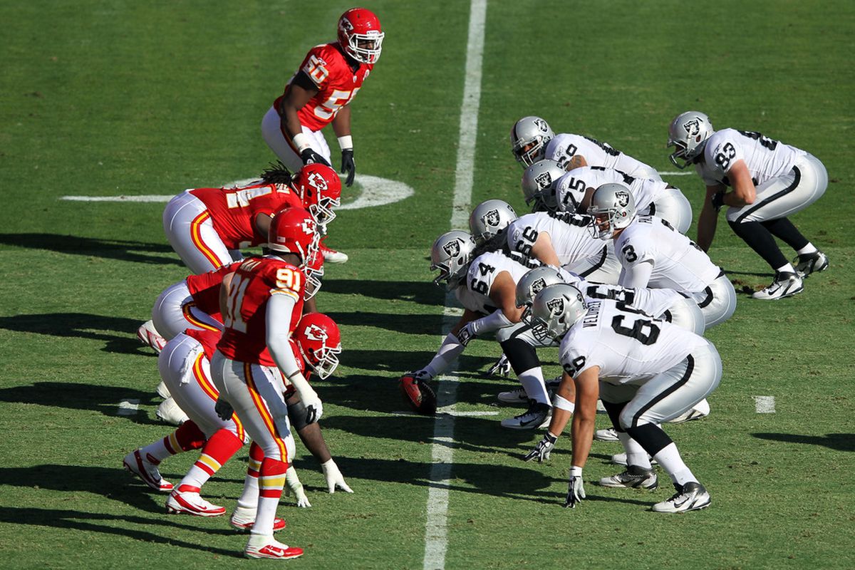 The Kansas City Chiefs line up against the Oakland Raiders during the game on December 24, 2011 at Arrowhead Stadium