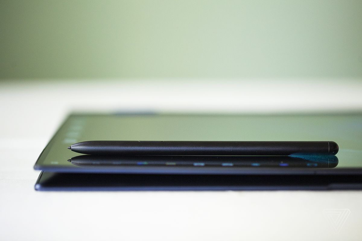 The Samsung Galaxy Book Pro 360 (15-inch) in tablet mode, seen from the right side, with the stylus on top. 