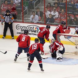WASHINGTON, DC - November 11, 2014:  Washington Capitals defend their end against the Columbus Blue Jackets during their NHL ice hockey game at Verizon Center. (Photo by Clyde Caplan/clydeorama.com)