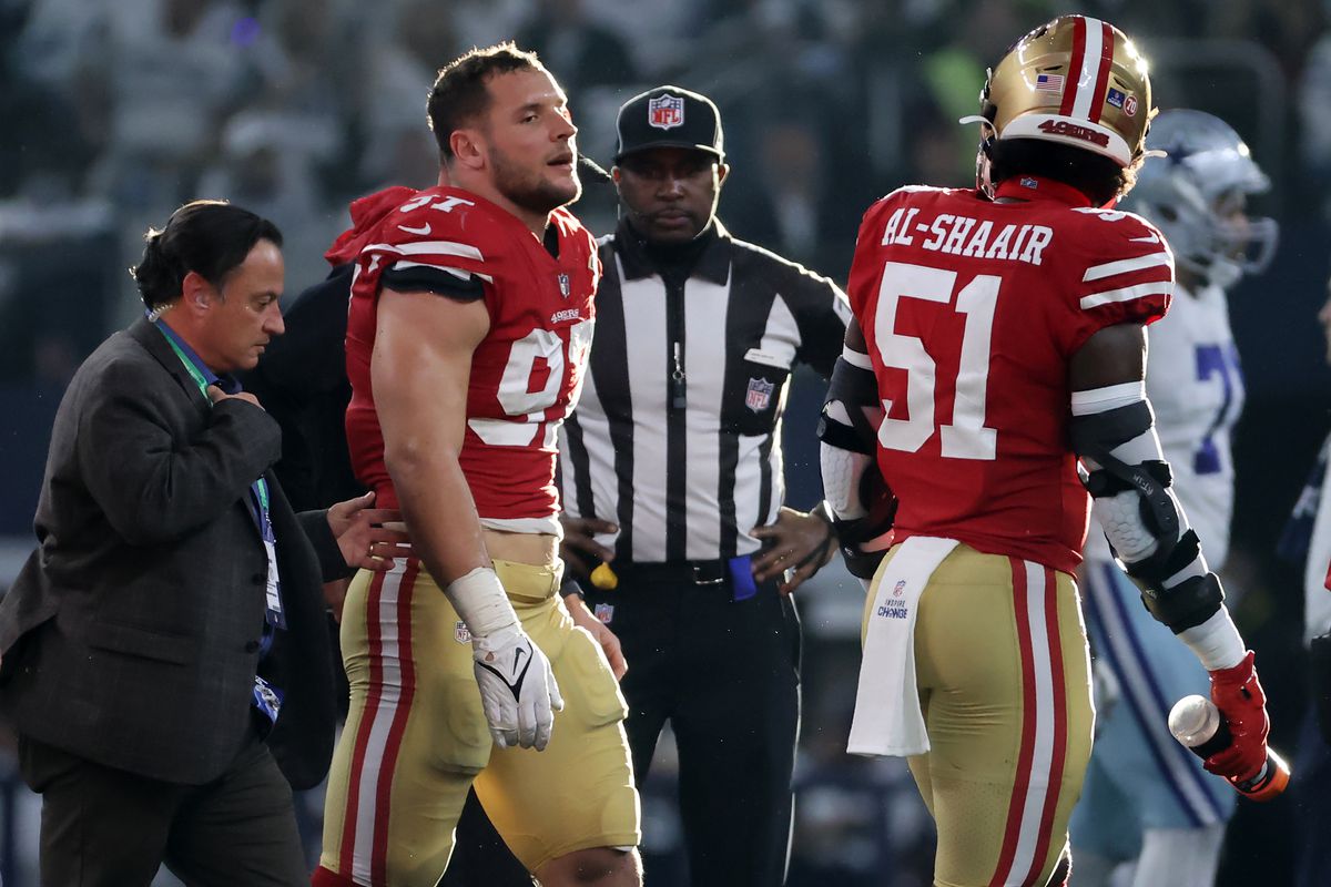 Nick Bosa walking off the field in the NFC Wild Card Playoff-San Francisco 49ers at Dallas Cowboys
