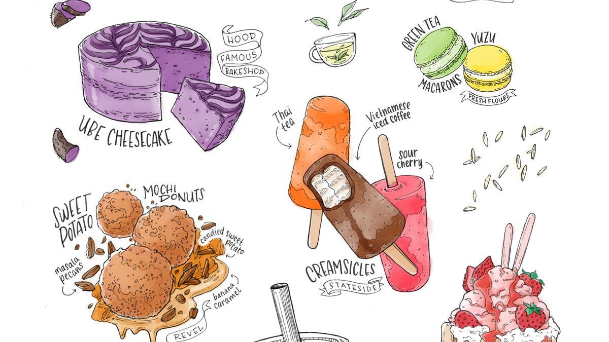 Colorful illustrations of Asian desserts at Seattle restaurants.