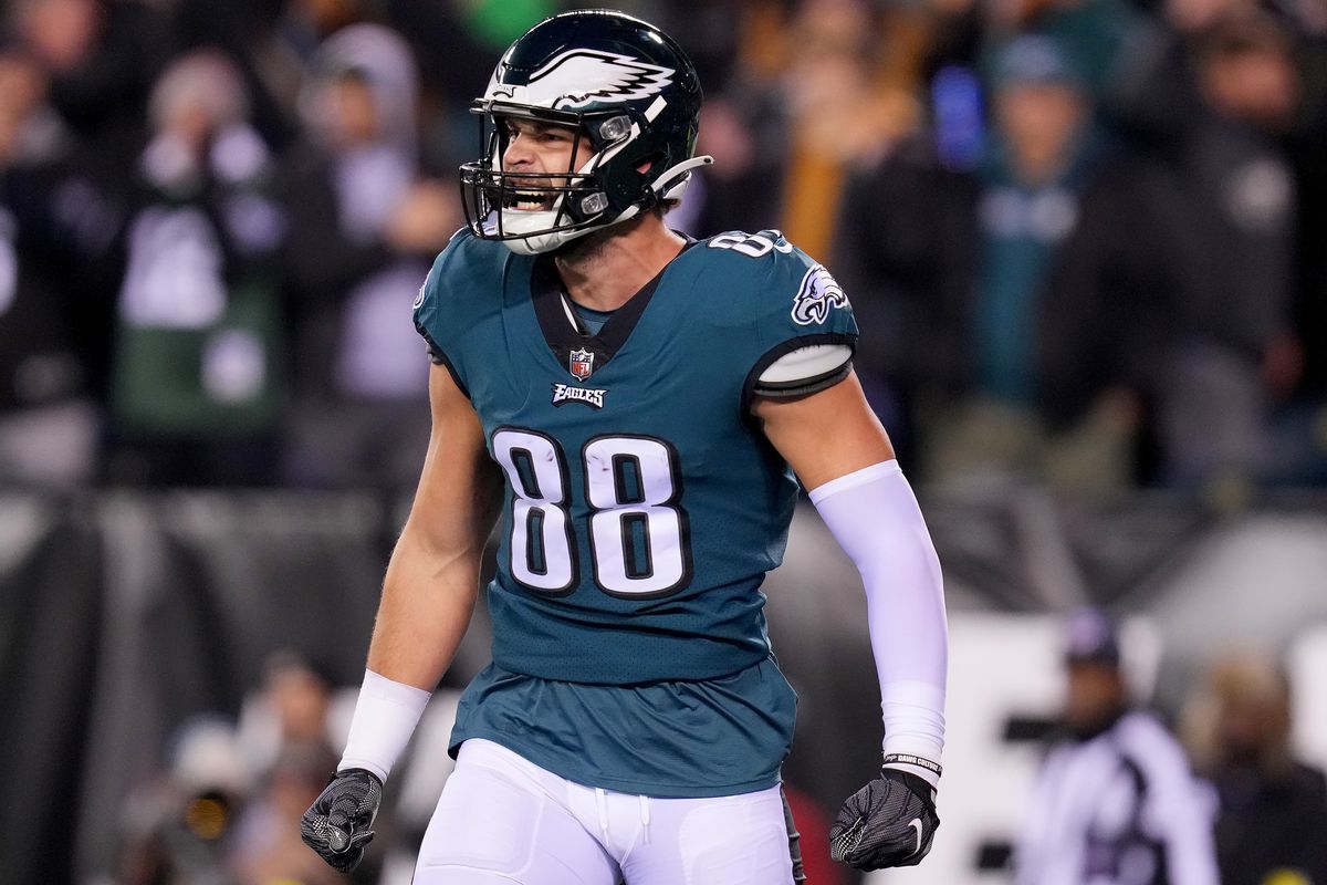 Dallas Goedert #88 of the Philadelphia Eagles celebrates after scoring a touchdown against the Washington Commanders during the first quarter in the game at Lincoln Financial Field on November 14, 2022 in Philadelphia, Pennsylvania.