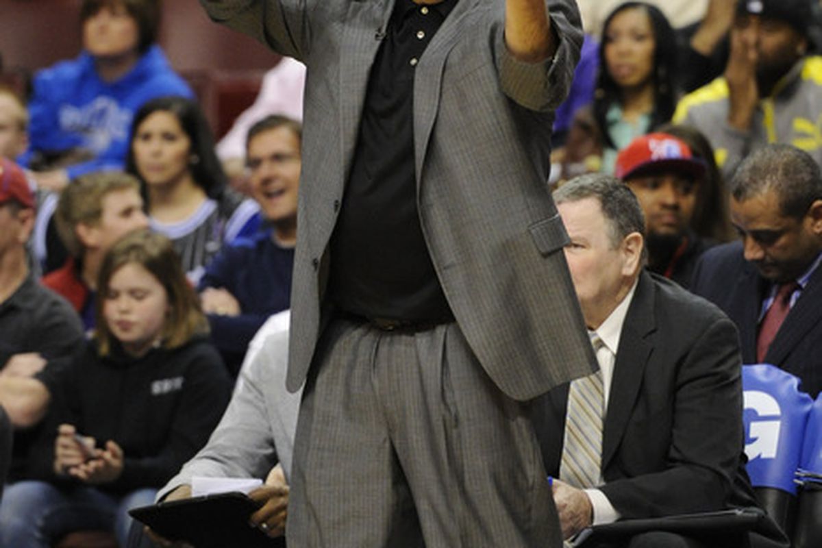 Apr 07, 2012; Philadelphia, PA, USA; Orlando Magic head coach Stan Van Gundy during the third quarter against the Philadelphia 76ers at the Wells Fargo Center. The Magic defeated the Sixers 88-82. Mandatory Credit: Howard Smith-US PRESSWIRE