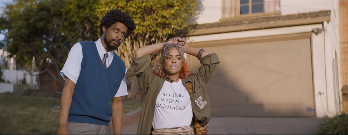 Lakeith Stanfield and Tessa Thompson in Sorry to Bother You