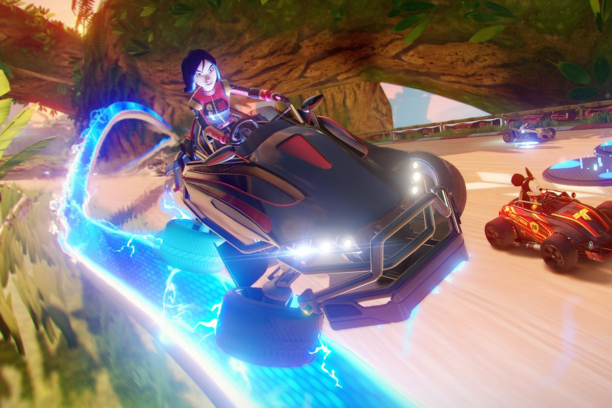 An image from Disney Speedstorm, a kart racer from Gameloft. The image shows Mulan and Mickey racing head to head as they drive futuristic cars. 