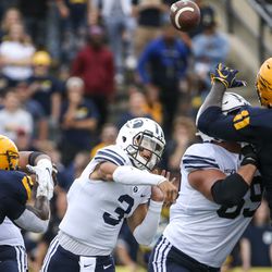 Brigham Young Cougars quarterback Jaren Hall (3) makes a throw during the second half of an NCAA football game at The Glass Bowl in Toledo, Ohio on Saturday, Sept. 28, 2019. Hall stepped into the quarterback role late in the fourth after Zach Wilson, not pictured, left the field. The Cougars fell 28-21 to the Rockets.