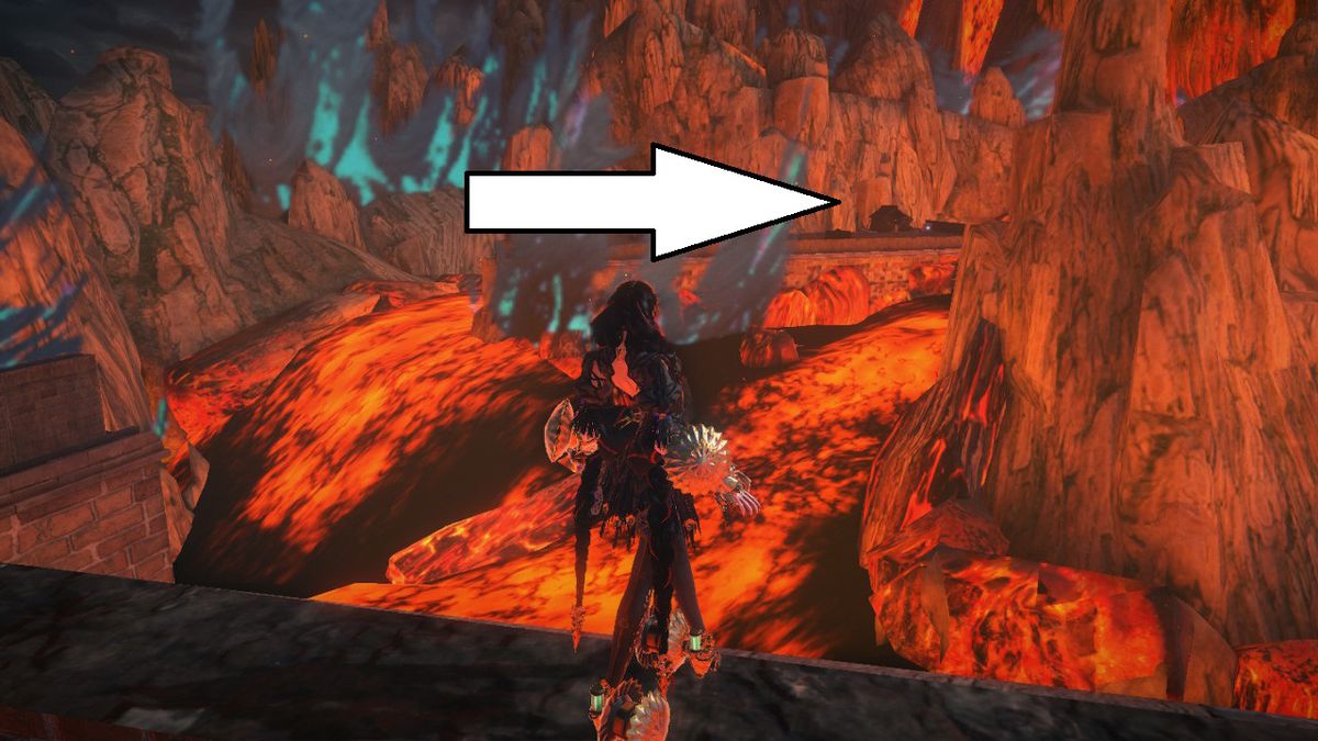Bayonetta stands near a river of lava in Bayonetta 3.