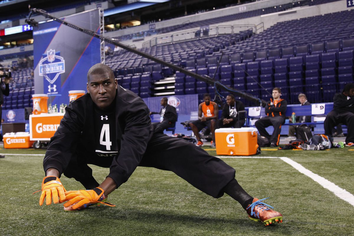 INDIANAPOLIS, IN - FEBRUARY 26: Wide receiver Justin Blackmon of Oklahoma State gets ready during the 2012 NFL Combine at Lucas Oil Stadium on February 26, 2012 in Indianapolis, Indiana. (Photo by Joe Robbins/Getty Images)