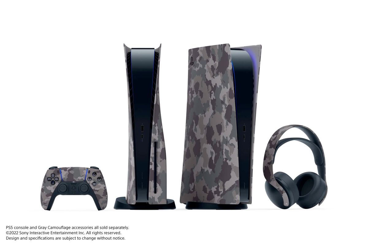 A product shot of the DualSense wireless controller, two PlayStation 5 consoles, and the Pulse 3D wireless headset, all in a gray camouflage pattern on a stark white background