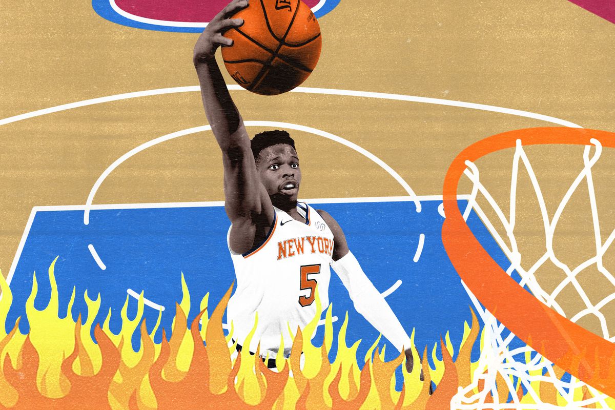 Knicks player Dennis Smith Jr. dunking, with an illustration of flames at the bottom of the frame