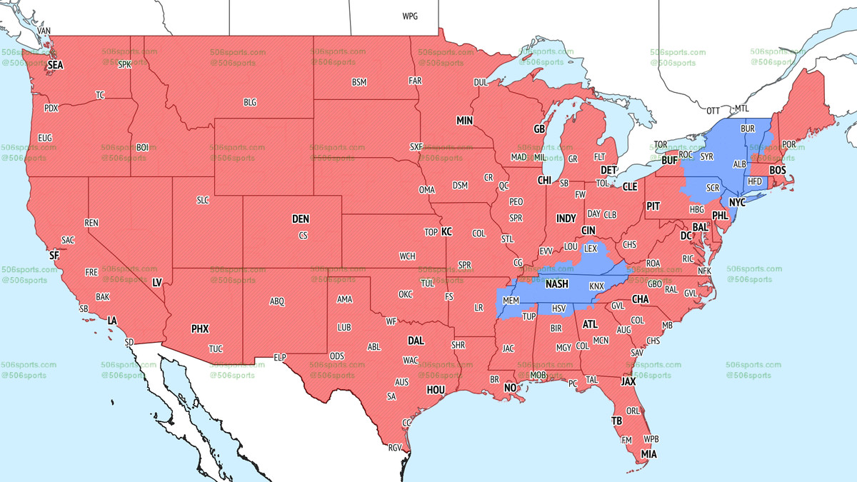 Map of the USA showing the areas broadcasting Packers-Vikings