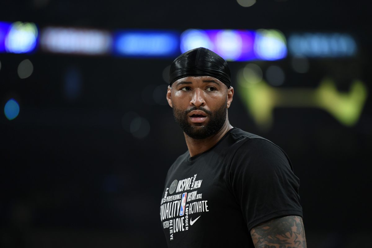 DeMarcus Cousins of the Los Angeles Lakers works out prior to the start of a basketball game against the Memphis Grizzlies at Staples Center on February 21, 2020 in Los Angeles, California.