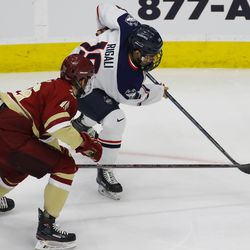 The Boston College Eagles take on the UConn Huskies in a men’s college hockey game at the XL Center in Hartford, CT on December 6, 2018.