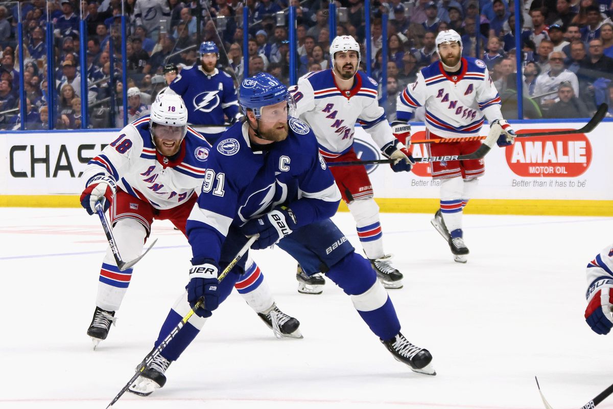 Steven Stamkos of the Tampa Bay Lightning skates against the New York Rangers in Game Four of the Eastern Conference Final of the 2022 Stanley Cup Playoffs at Amalie Arena on June 07, 2022 in Tampa, Florida.