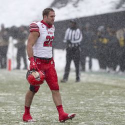 Utah Utes linebacker Chase Hansen (22) walks off the field after being called for a targeting penalty during the University of Utah football game against the University of Colorado at Folsom Field in Boulder, Colorado, on Saturday, Nov. 17, 2018.