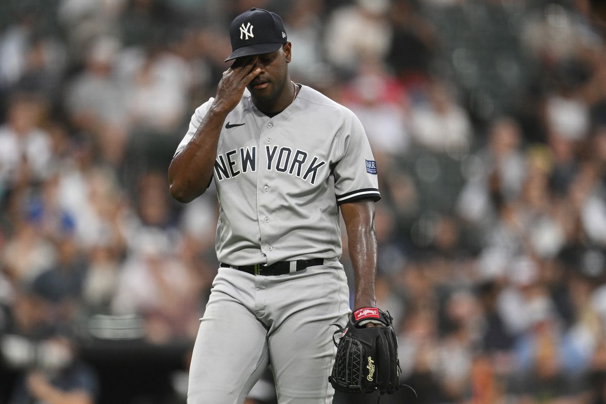 Luis Severino of the New York Yankees walks to the dugout after the second inning against the Chicago White Sox at Guaranteed Rate Field on August 09, 2023 in Chicago, Illinois.