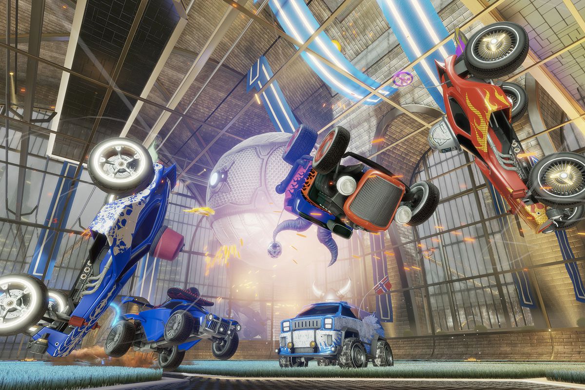 Giant, rocket-powered cars flying through the air, with a large soccer ball in the middle.