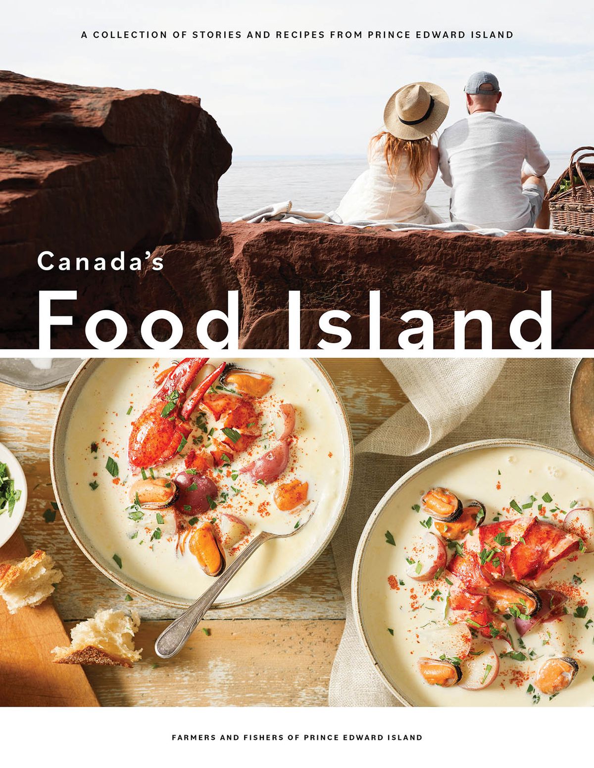 book cover with two people sitting on a rock looking at the sea and a second photo beneath of two bowls of lobster chowder.