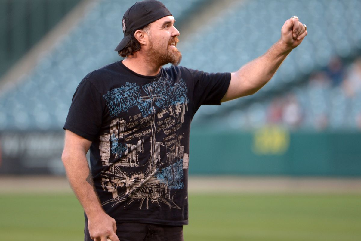 Aug 16, 2012; Anaheim, CA, USA; Los Angeles Angels former player Scott Spezio throws out the first pitch before the game against the Tampa Bay Rays at Angel Stadium. Mandatory Credit: Kirby Lee/Image of Sport-US PRESSWIRE