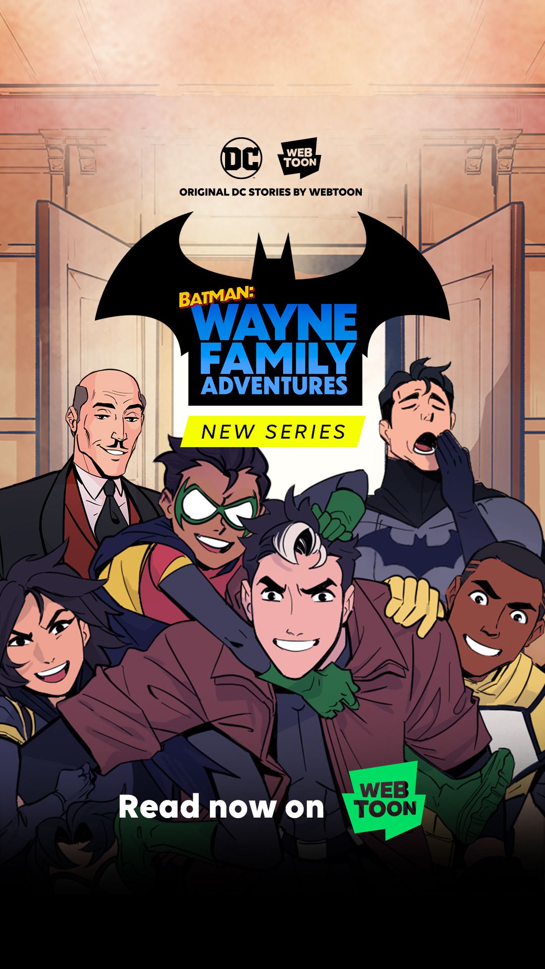 Alfred and Bruce Wayne (yawning) stand behind Cassandra Cain, Damian Wayne, Jason Todd, and Duke Thomas, who are all piling on each other and grinning in promotional art for Batman: Wayne Family Adventures on Webtoon.