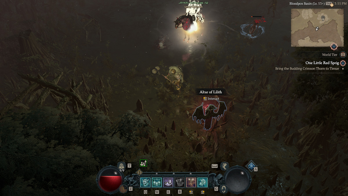 A screenshot of a Barbarian finding the 19th Altar of Lilith in Hawezar in Diablo 4