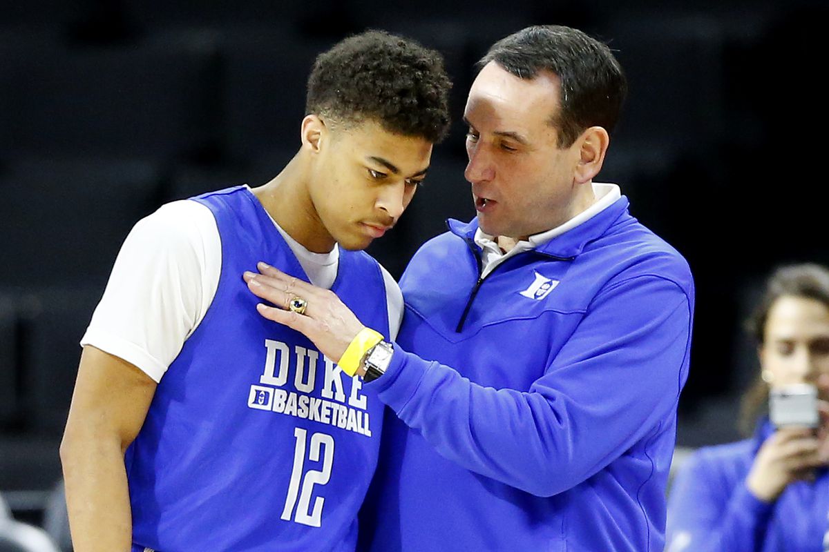 Mar 16, 2016; Providence , RI, USA; Duke head coach Mike Krzyzewski talks with Derryck Thornton (12) during practice a day before the first round of the NCAA men's college basketball tournament at Dunkin Donuts Center.