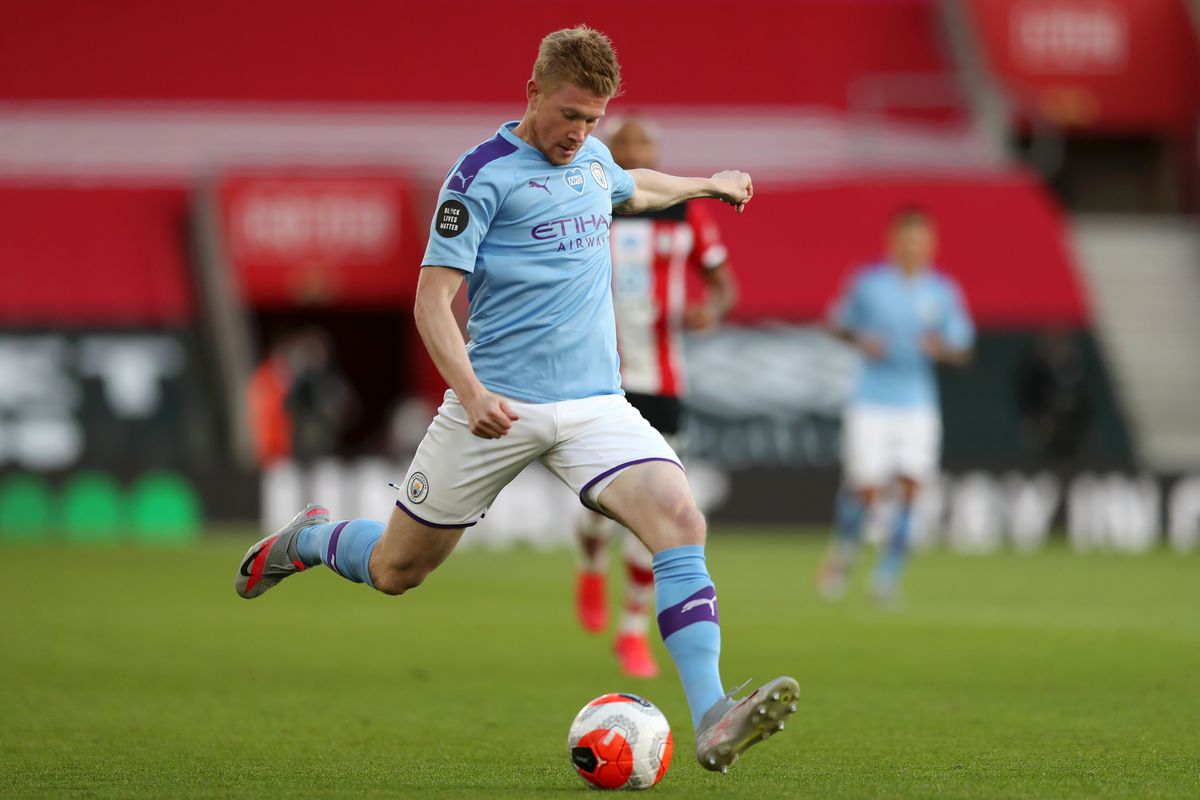 Kevin De Bruyne of Manchester City in action during the Premier League match between Southampton FC and Manchester City at St Mary’s Stadium on July 5.