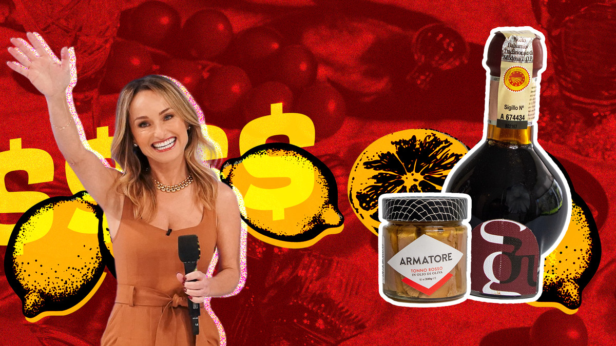 A collage of Giada De Laurentiis and a jar of tuna and a bottle of balsamic vinegar 