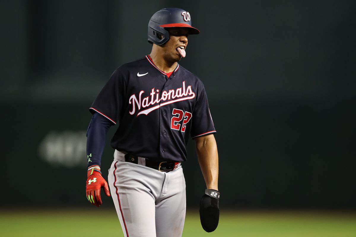 Juan Soto #22 of the Washington Nationals reacts on the base path during the MLB game against the Arizona Diamondbacks at Chase Field on July 22, 2022 in Phoenix, Arizona.