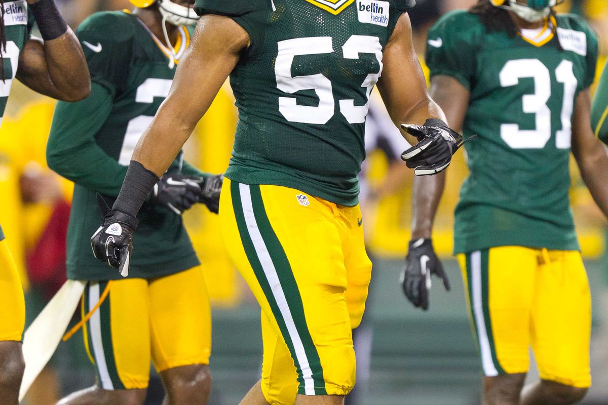 August 3, 2012; Green Bay, WI, USA; Green Bay Packers linebacker Nick Perry (53) during the Family Night scrimmage at Lambeau Field in Green Bay, WI. Mandatory Credit: Jeff Hanisch-US PRESSWIRE