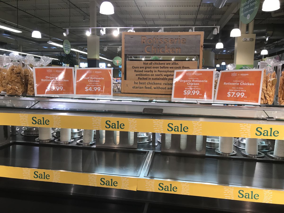 Whole Foods rotisserie chicken sale on Day One of Amazon ownership